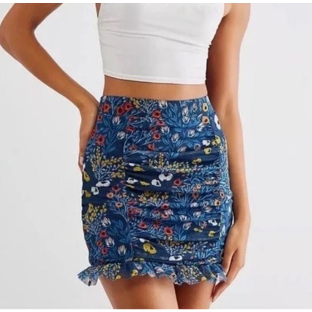 Free‎ People Romi Blue Mesh Floral Print Mini Skirt Size XS Ruffle Hem